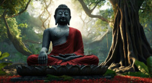 Buddha sitting peacefully under banyan tree while angry man shouts — lesson on inner peace vs anger