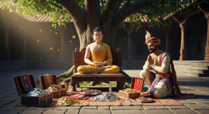 Buddha seated peacefully under a Bodhi tree as a wealthy merchant offers lavish gifts in a serene monastery courtyard, highlighting the contrast between humility and pride