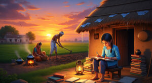 Pooja studying by lantern light outside a mud hut, representing her journey from poverty to becoming an IAS officer