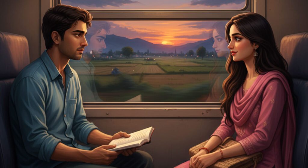 A quiet emotional moment between a young man and woman sitting across from each other on an Indian train at dusk, sharing a soulful gaze through the window.
