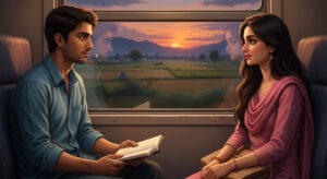 A quiet emotional moment between a young man and woman sitting across from each other on an Indian train at dusk, sharing a soulful gaze through the window.