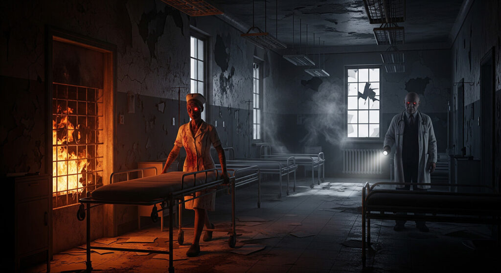 A journalist encounters ghostly spirits of a nurse and doctor inside an abandoned civil hospital ICU at night, surrounded by cracked walls, eerie smoke, and supernatural fire, in a cinematic horror scene.