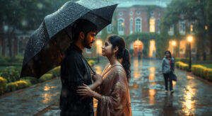 Realistic digital painting of a romantic scene showing a young Indian couple under an umbrella during a rainy evening on a college campus in Kolkata. Emotional eye contact, soft lighting, wet pathways, and nostalgic mood