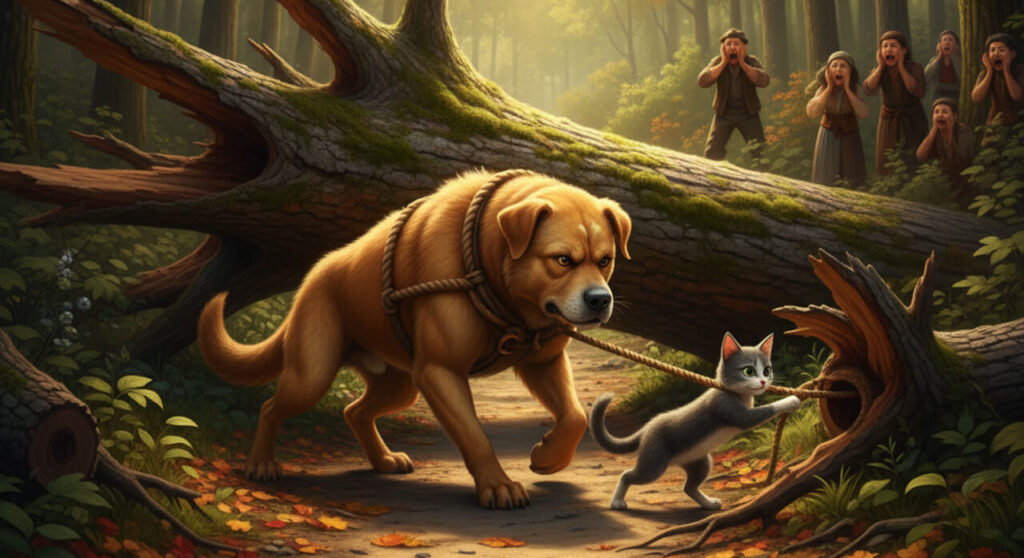 cat and dog working together to clear a fallen tree on a forest path, with villagers watching in the background.