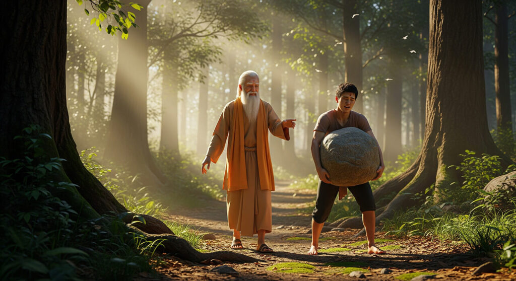 Young man dropping heavy stone beside a wise sage in a peaceful forest – symbolic 3D scene representing the secret of happiness and inner peace.