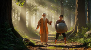 Young man dropping heavy stone beside a wise sage in a peaceful forest – symbolic 3D scene representing the secret of happiness and inner peace.