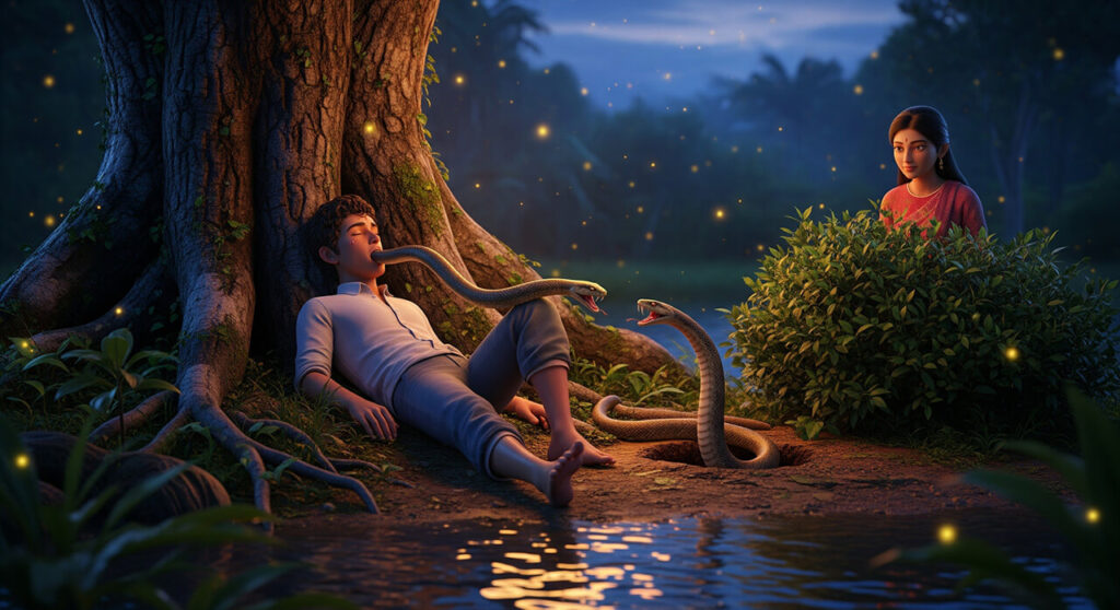 Bhanu sleeping under a tree, a snake emerging from his mouth, talking to another snake from a burrow, with Lalita watching