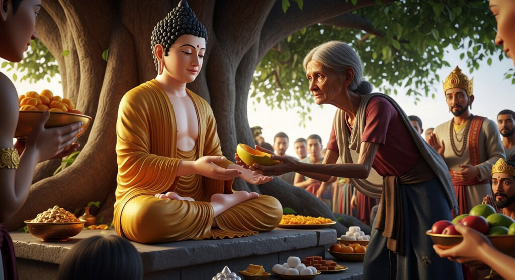 Bhagwan Buddha vriksh ke neeche ek vriddh aurat se aadha aam le rahe hain, raja ek taraf hairani se dekh raha hai