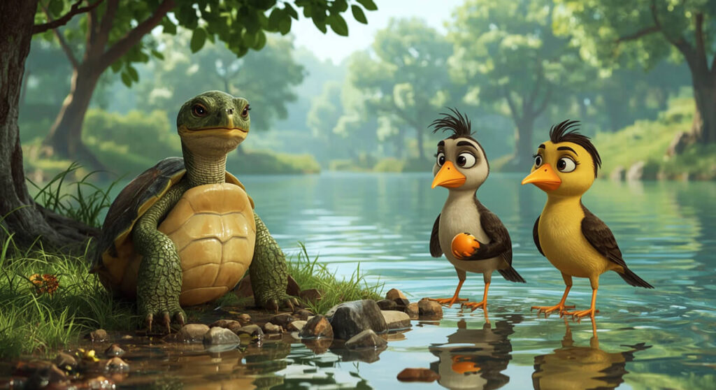 A wise turtle sitting by a lakeside, peacefully resolving a disagreement between two birds over a fruit — inspired by a classic Panchatantra story
