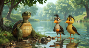 A wise turtle sitting by a lakeside, peacefully resolving a disagreement between two birds over a fruit — inspired by a classic Panchatantra story