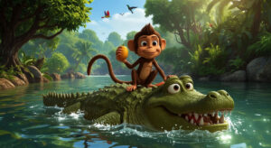 A smart monkey named Chintu sits on a tree branch while a crocodile, Bhokal Singh, looks up from the riverbank. The scene shows how Chintu used his intelligence to escape the crocodile's trap.
