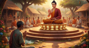 Gautam Buddha sitting under a tree, offering wisdom to a poor beggar standing before him in a peaceful forest setting.
