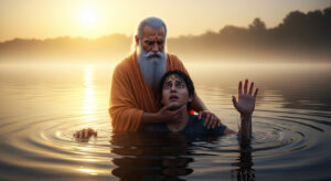 Guru Vedant holding his disciple in the river at sunrise, teaching the secret of success — showing that true success requires the same intensity as the need to breathe.