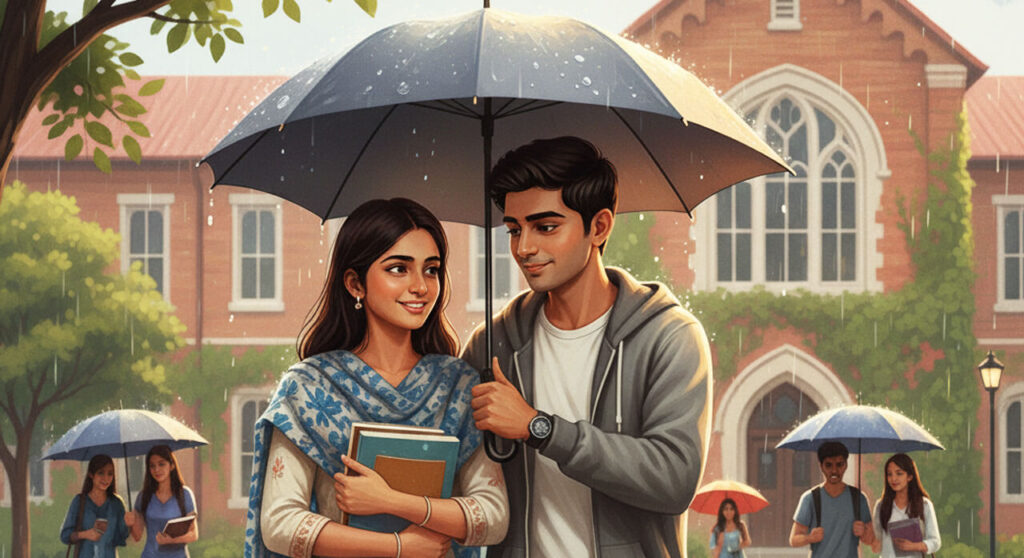 Young Indian couple sharing an umbrella in the rain on college campus, symbolizing the beginning of their love story.
