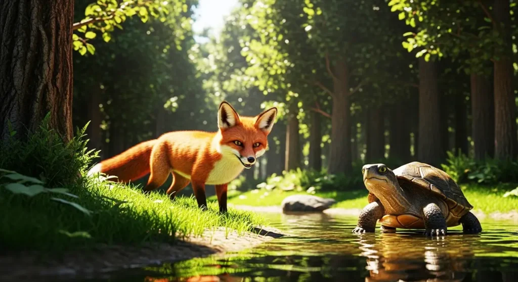 एक घने जंगल में नदी के किनारे खड़ी चालाक लाल लोमड़ी और धीमी चाल वाला कछुआ। सूरज की रोशनी पेड़ों के बीच से छनकर पानी और घास पर पड़ रही है।