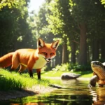 एक घने जंगल में नदी के किनारे खड़ी चालाक लाल लोमड़ी और धीमी चाल वाला कछुआ। सूरज की रोशनी पेड़ों के बीच से छनकर पानी और घास पर पड़ रही है।