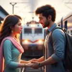 Emotional Indian couple standing at railway station, cinematic 3D digital painting inspired by 'Kabhi Tum Kabhi Hum' story