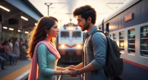 Emotional Indian couple standing at railway station, cinematic 3D digital painting inspired by 'Kabhi Tum Kabhi Hum' story