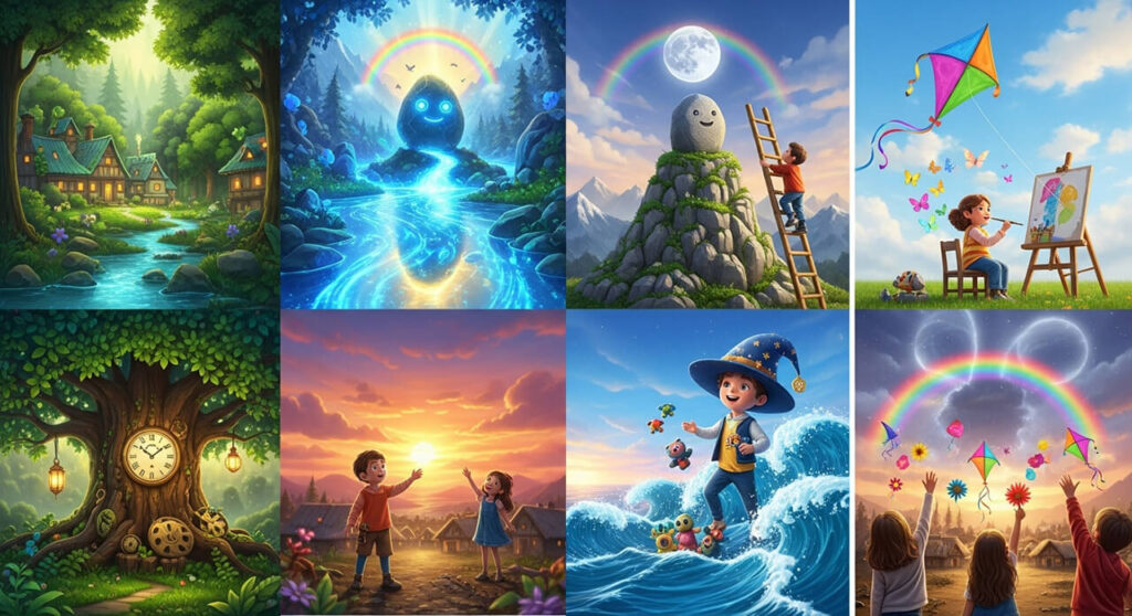 Bachche jungle, nadi, patang, titali, aur chamakti cheezon ke beech magic aur adventure ka anand le rahe hain, rangin aasman aur jadoo bhari duniya mein.