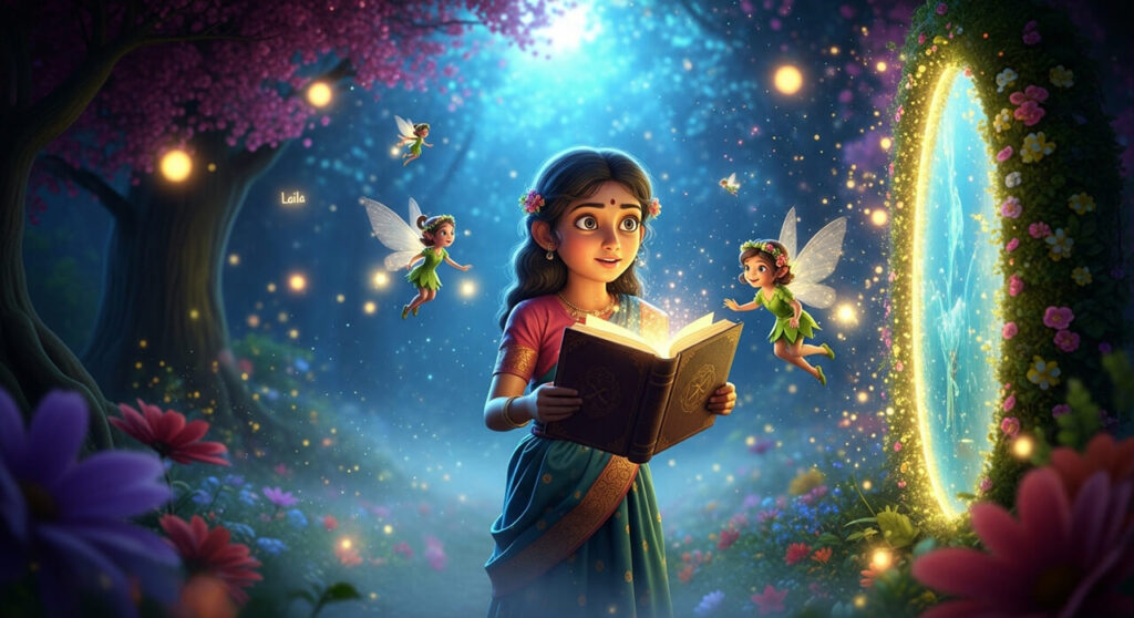 Niharika ek glowing purani kitaab pakde magical fairy world me khadi hai, jahan tiny fairies, sparkling lights aur colorful flowers uske around chamak rahe hain.