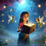 Niharika ek glowing purani kitaab pakde magical fairy world me khadi hai, jahan tiny fairies, sparkling lights aur colorful flowers uske around chamak rahe hain.