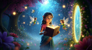 Niharika ek glowing purani kitaab pakde magical fairy world me khadi hai, jahan tiny fairies, sparkling lights aur colorful flowers uske around chamak rahe hain.
