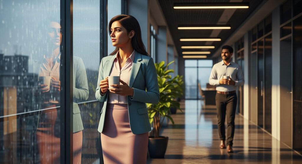In a modern Indian office after rain, young woman Riya and man Aditya with coffee mugs stand by a glass wall