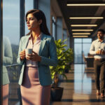In a modern Indian office after rain, young woman Riya and man Aditya with coffee mugs stand by a glass wall