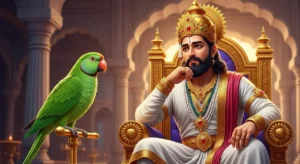 भव्य महल में अकेला बैठा राजा और हरा तोता