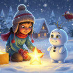 Chhoti ladki Riya laal coat mein, ek chamakta hua magical star discover kar rahi hai Snowmi, chhoti snow creature ke saath, snowy winter night mein cozy village ke background ke saath, Santa ki sleigh dur mein.