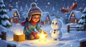 Chhoti ladki Riya laal coat mein, ek chamakta hua magical star discover kar rahi hai Snowmi, chhoti snow creature ke saath, snowy winter night mein cozy village ke background ke saath, Santa ki sleigh dur mein.