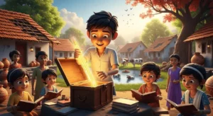 A young Indian boy named Bholu holding a glowing golden magical pencil, surrounded by villagers and children, with scenes of a repaired roof, a pond, and children reading books he created, ultra-realistic 3D digital painting, magical and inspiring atmosphere
