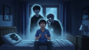 A terrified man lying on a bed at night while the ghostly silhouette of his dead friend appears beside him, creating a chilling horror atmosphere.