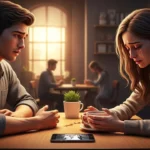 Young ladka aur ladki café mein emotional moment share kar rahe hain, love, betrayal aur forgiveness ke saath.