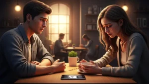 Young ladka aur ladki café mein emotional moment share kar rahe hain, love, betrayal aur forgiveness ke saath.