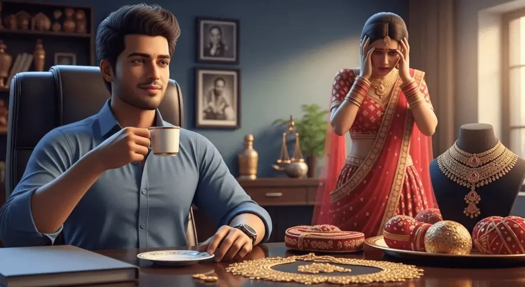 A young Indian man calmly drinking tea in an office while a sad young woman stands behind a table filled with luxurious wedding items like a red lehenga and gold jewelry, depicting emotions of revenge and justice.
