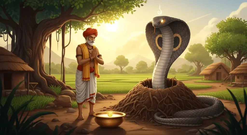 Hindi folk tale of snake and farmer showing Nag Devta emerging from anthill with gold coin, moral story about trust and greed