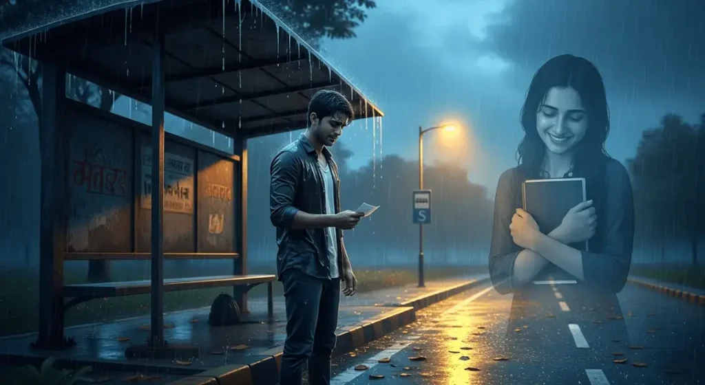 A sad love story scene of a boy standing alone at a rainy bus stop holding a letter while remembering a girl, emotional Indian romance