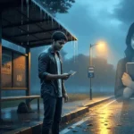A sad love story scene of a boy standing alone at a rainy bus stop holding a letter while remembering a girl, emotional Indian romance