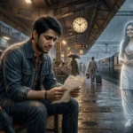 a heartbroken young man reading a farewell love letter at a rainy railway station while the memory of his beloved stands nearby, representing an emotional Indian love story