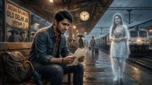 a heartbroken young man reading a farewell love letter at a rainy railway station while the memory of his beloved stands nearby, representing an emotional Indian love story