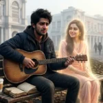 a heartbroken young man with a guitar sitting in Connaught Place while the memory of his beloved appears beside him, representing a sad Hindi love story.