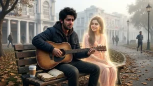 a heartbroken young man with a guitar sitting in Connaught Place while the memory of his beloved appears beside him, representing a sad Hindi love story.