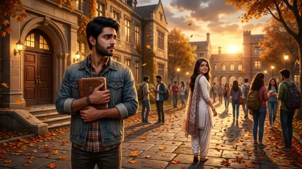 a young man watching the woman he silently loved walk away from a college campus, representing a heartbreaking one-sided Hindi love story.