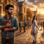 a young man watching the woman he silently loved walk away from a college campus, representing a heartbreaking one-sided Hindi love story.
