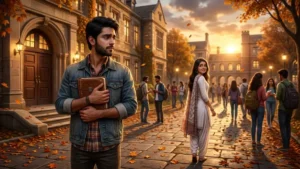 a young man watching the woman he silently loved walk away from a college campus, representing a heartbreaking one-sided Hindi love story.