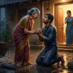 A man apologizing to his elderly mother-in-law in the rain after realizing her struggles, showing forgiveness and family emotions