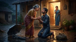 A man apologizing to his elderly mother-in-law in the rain after realizing her struggles, showing forgiveness and family emotions