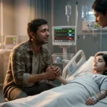 An emotional father holding his young daughter's hand in a hospital while pleading with a doctor, representing a touching Hindi father-daughter story