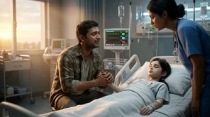 An emotional father holding his young daughter's hand in a hospital while pleading with a doctor, representing a touching Hindi father-daughter story